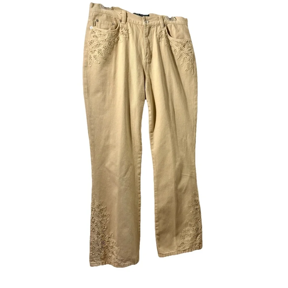 Y2K LAUREN Jeans Co 10 Sand Battenburg Lace Trim Pants Bootcut Leg Jeans Romance
